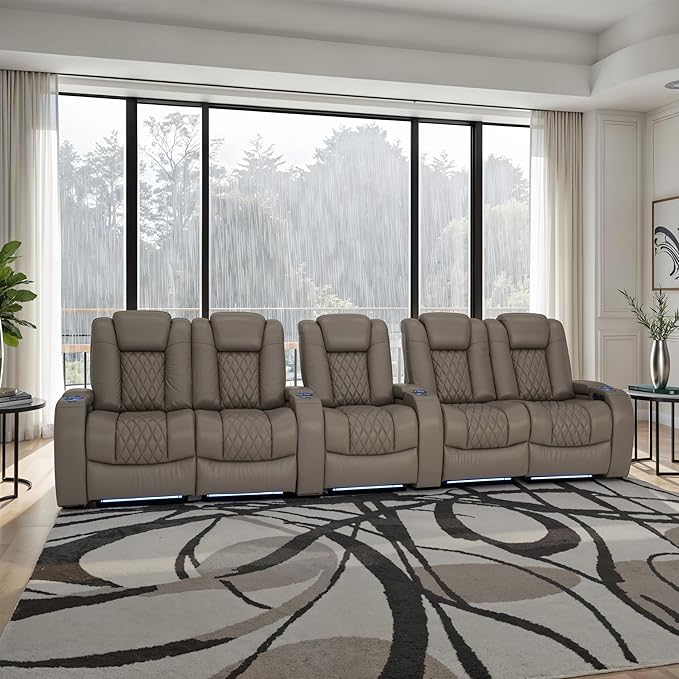 Seatcraft Diamante Zero-Gravity CoolZero Italian Leather Home Theater Seating, Power Headrest, Power Recline, Row of 5 Dual Loveseats, Gray