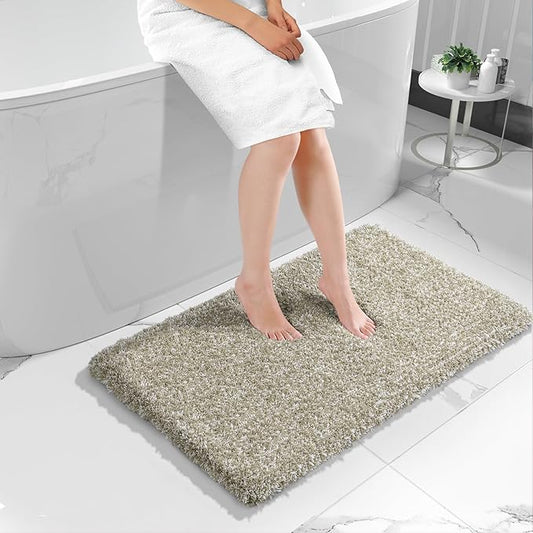 Yimobra Luxury Bathroom Rugs, Fluffy Bath Mats, Non Slip, Water Absorbent Microfiber, Machine Washable, Plush Runner Shower Rugs, Thick Matts for Bathroom Floor/Tub, 44"x 24", Light Tan and White