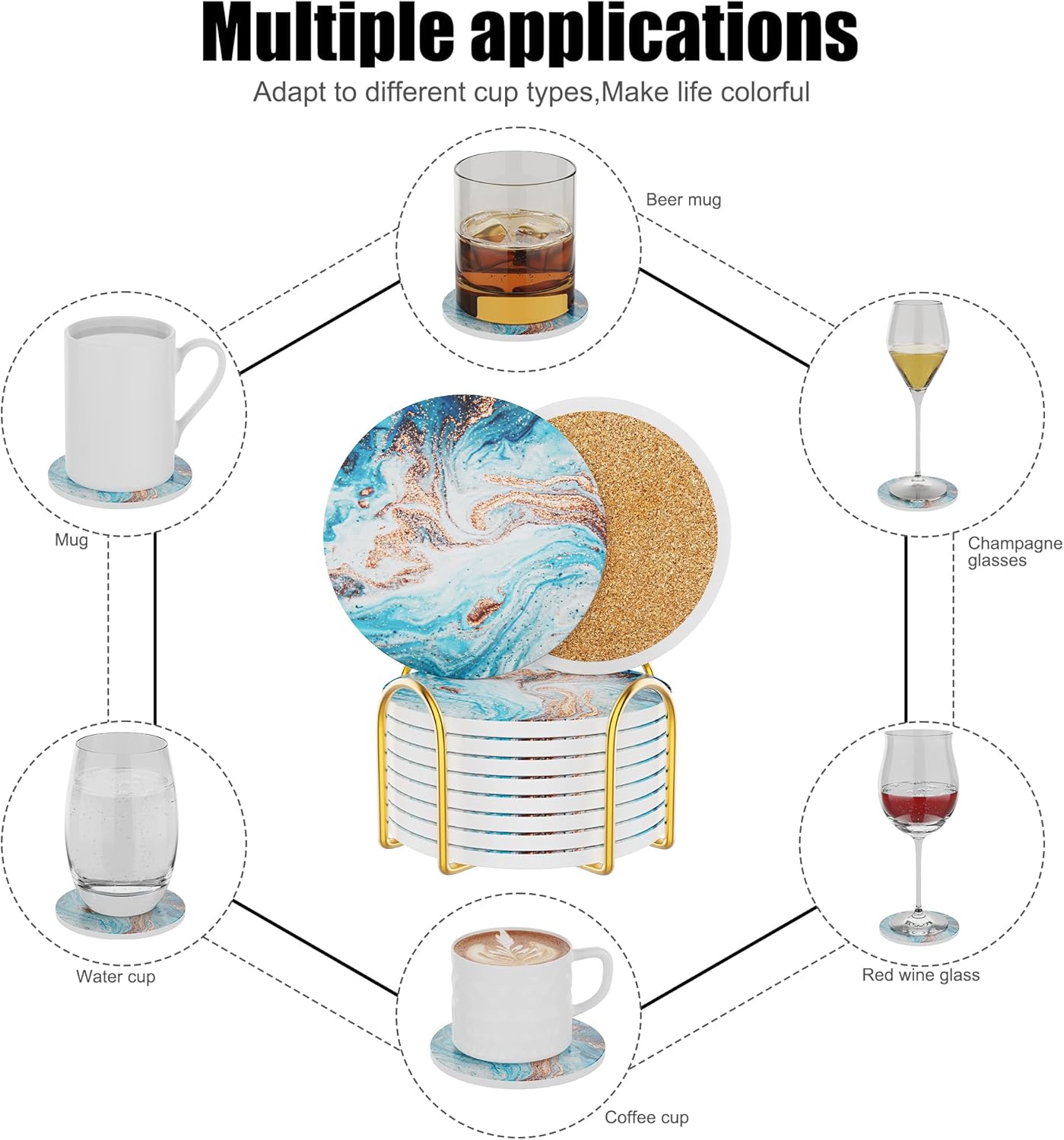 Coasters for Drinks Set of 8, Absorbent Ocean Marble with Metal Golden Holder, Ceramic Coaster Set Cup Mat for Home Decor, Bar, Kitchen, Party