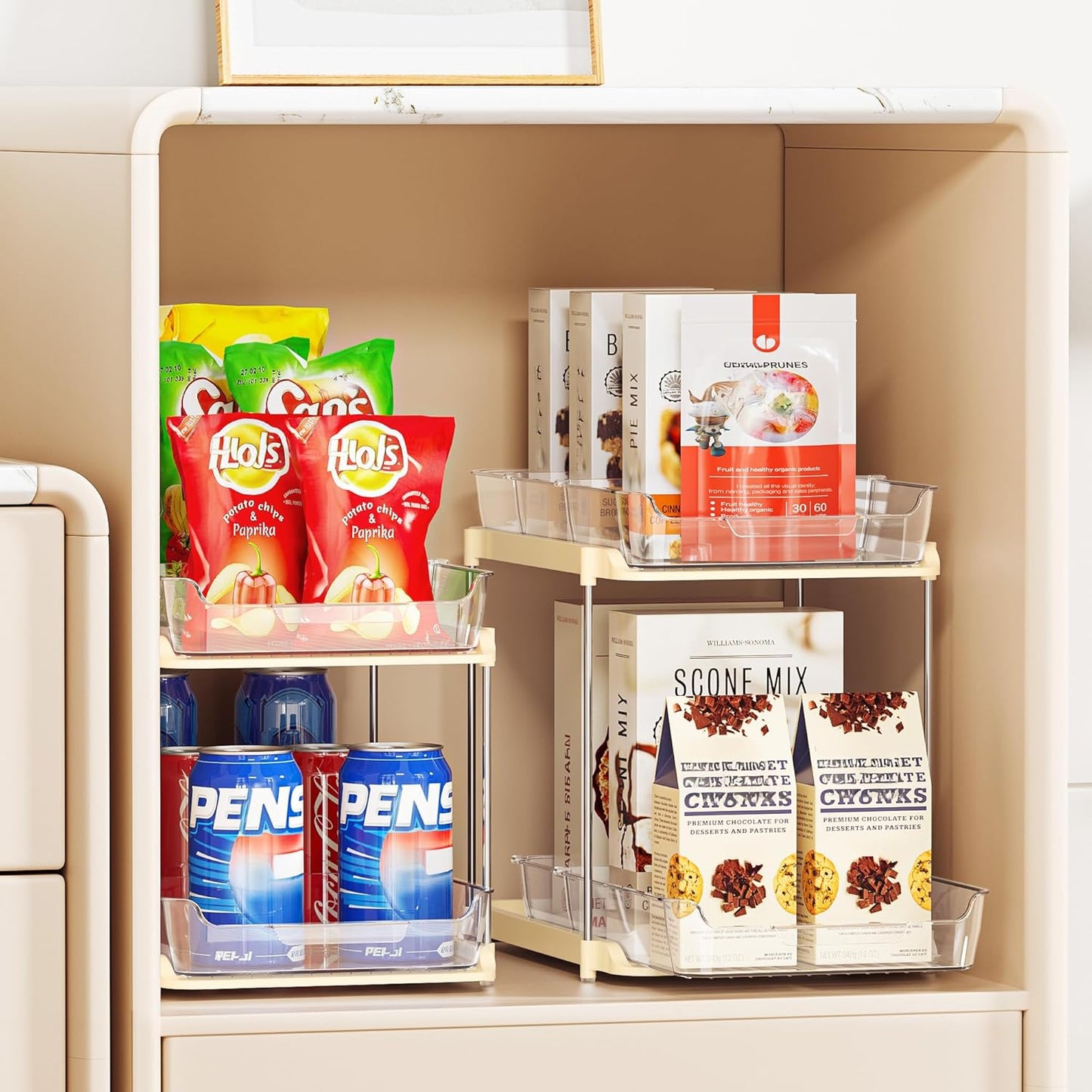 Delamu 2 Sets of 2-Tier Multi-Purpose Bathroom Under Sink Organizers and Storage, Stackable Kitchen Pantry Organization, Pull Out Medicine Cabinet Organizer with 8 Movable Dividers, Beige