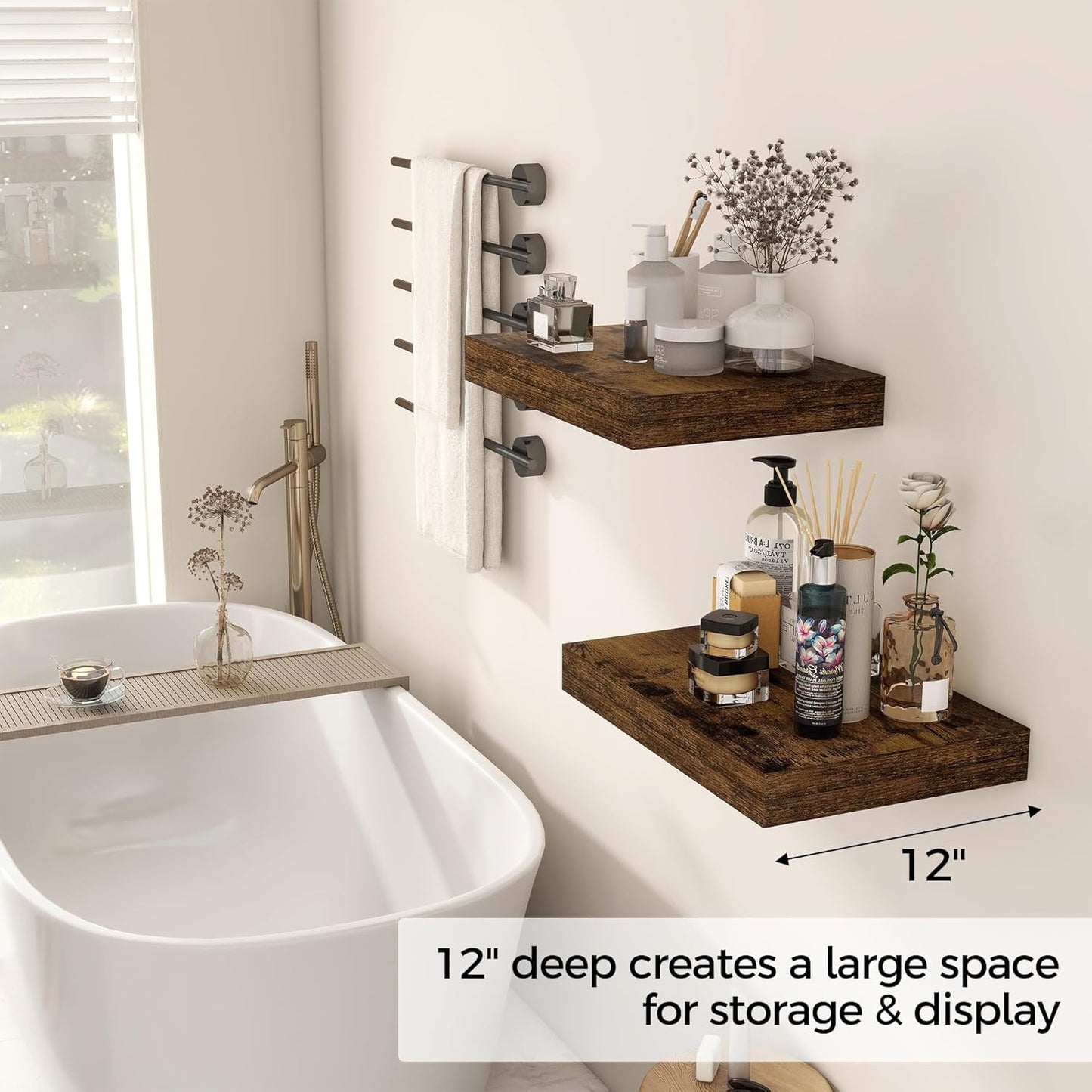 12 Inch Deep Floating Shelves, 16 x 12 Floating Shelf for Books, Rustic Wood Deep Wall Shelves for Home Storage & Display, 2" Thicked Shelves for Kitchen, Living Room, Bedroom, Rustic Brown, 2 Pack