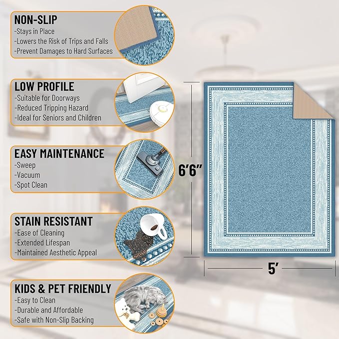 Ottomanson 5' x 6'6" Rugs for Living Room Border Area Rug for Bedroom - Non Slip Durable Large Floor Carpet for High Traffic Areas - Indoor Rug for Dining Room Kitchen Kids Playroom, Turquoise