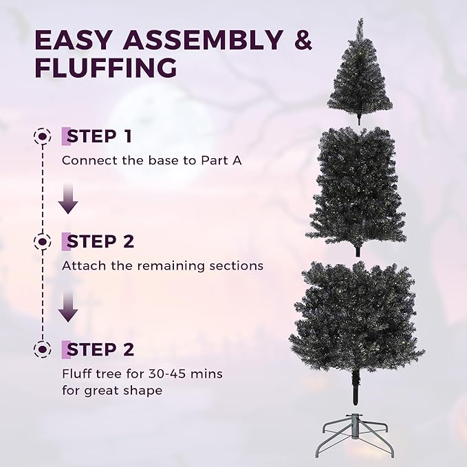 GarveeHome 7.5Ft Prelit Black Christmas Tree with Lights Halloween Tree Slim Artificial Halloween Christmas Tree Artificial Pencil Tree Automatic Branches for Home, Office, Party Decoration