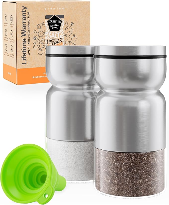 HOME EC Original Salt and Pepper Shakers Set with Adjustable Pour Holes - Glass and Stainless Steel Salt Shaker and Pepper Shaker - Farmhouse Spice dispenser for salts, ground peppercorn and spices