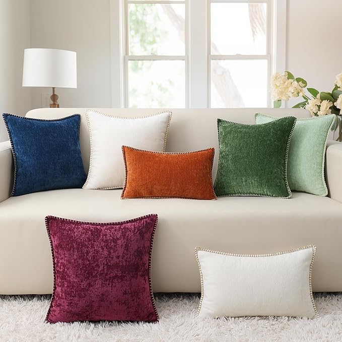 decorUhome Chenille Soft Throw Pillow Covers 18x18 Set of 2, Farmhouse Velvet Neutral Decorative Euro Pillow Covers with Stitched Edge for Couch Sofa Bed Home Decor, Rhododendron