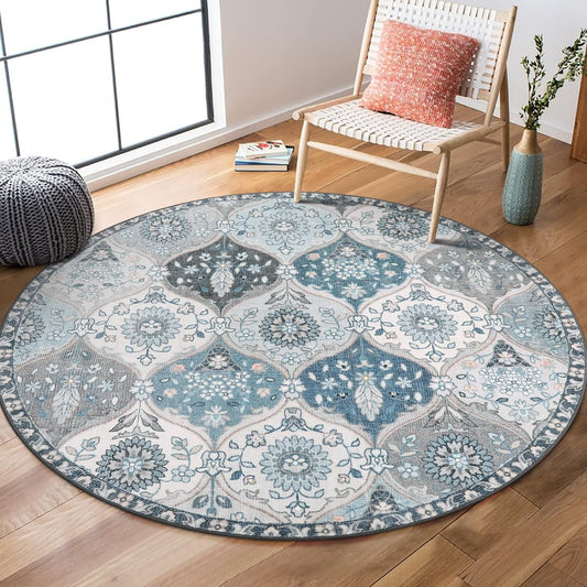Lahome Moroccan Trellis Washable Round Rugs, Non-Slip Soft Round Rug 4ft Ultra-Thin, Small Vintage Circle Carpet for Entryway Kitchen Bedroom Nursery Bathroom, Blue