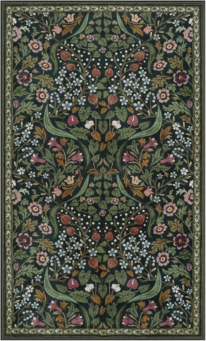 Lahome Floral 3x5 Rugs for Entryway, Botanical Green Machine Washable Boho Throw Rugs for Entrance, Non-Slip Maximalism Stain-Resistant Soft Carpet for Bedroom, Kids Room, Dorm