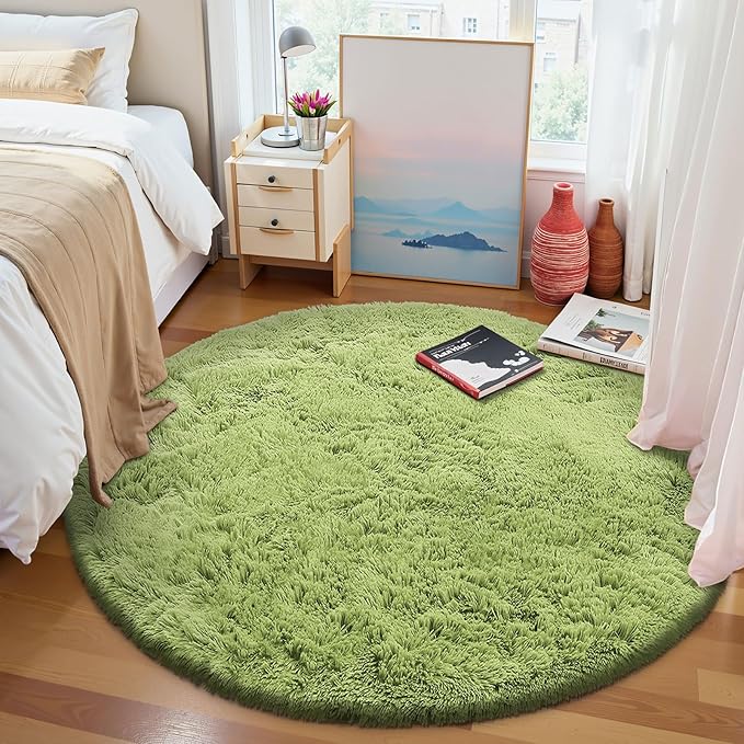 OLANLY Grass Green Round Rugs for Bedroom - Machine Washable, 8 ft Circle Area Rugs for Living Room, Soft and Fluffy Shaggy Carpet for Teen Girls and Boys, Nursery Rooms, Dorms, Home Decor Aesthetic