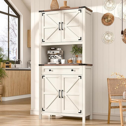 72" H Tall Farmhouse Storage Cabinet with Drawer, 6 Tier Kitchen Pantry Organize with 4 Barn Door and Adjustable Shelf, Microwave Stand for Kitchen, Garage, Living, Utility Room, White