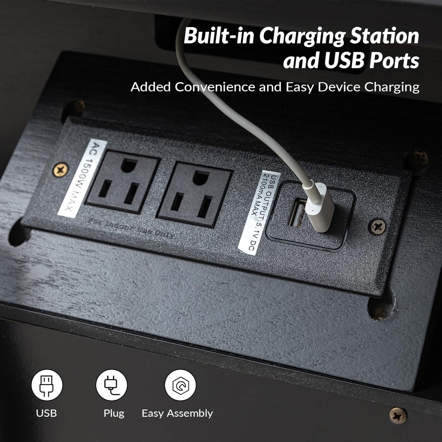 HULALA HOME Large Farmhouse Nightstand Set of 2 with Charging Station, Mid-Century Modern 2 Drawer Dresser, Bedside Table with Pull Out Shelf and Hidden Storage Space for Bedroom, Black