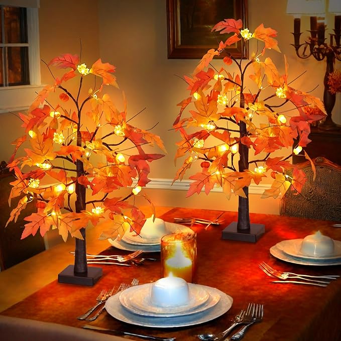 2 Pack 24 Inch Fall Maple Tree with 48LED Battery Operated Lighted Tabletop Artificial Tree with Pumpkin Acorn Maple Fall Centerpieces Indoor Fall Decorations for Home Office Thanksgiving Table Decor