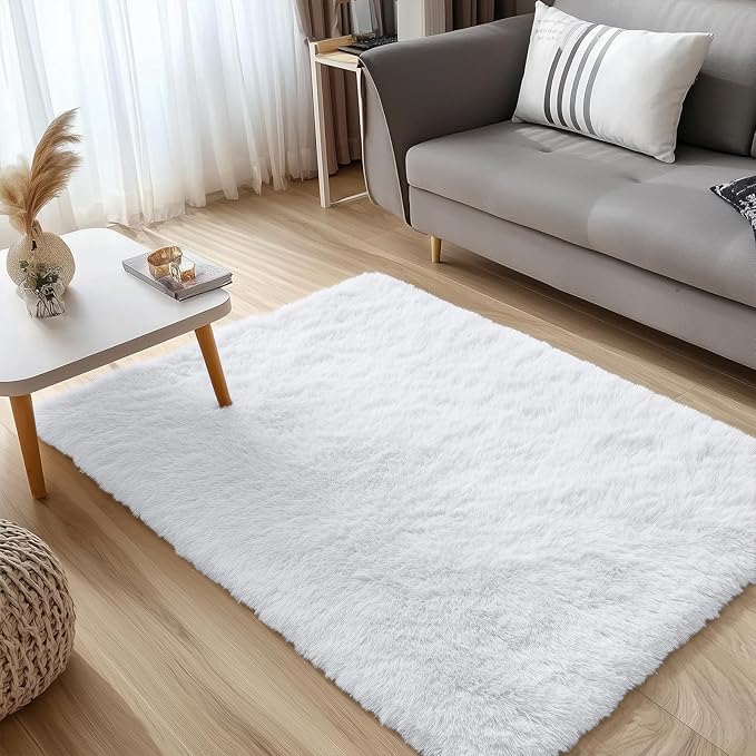 OLANLY 2x3 Machine Washable Small Bedside Rug, Soft Fluffy Shaggy Entryway Throw Rugs for Bedroom, Living Room, Indoor Floor Carpet for Kids Girls and Boys, Nursery Rooms, Home Decor Aesthetic, White