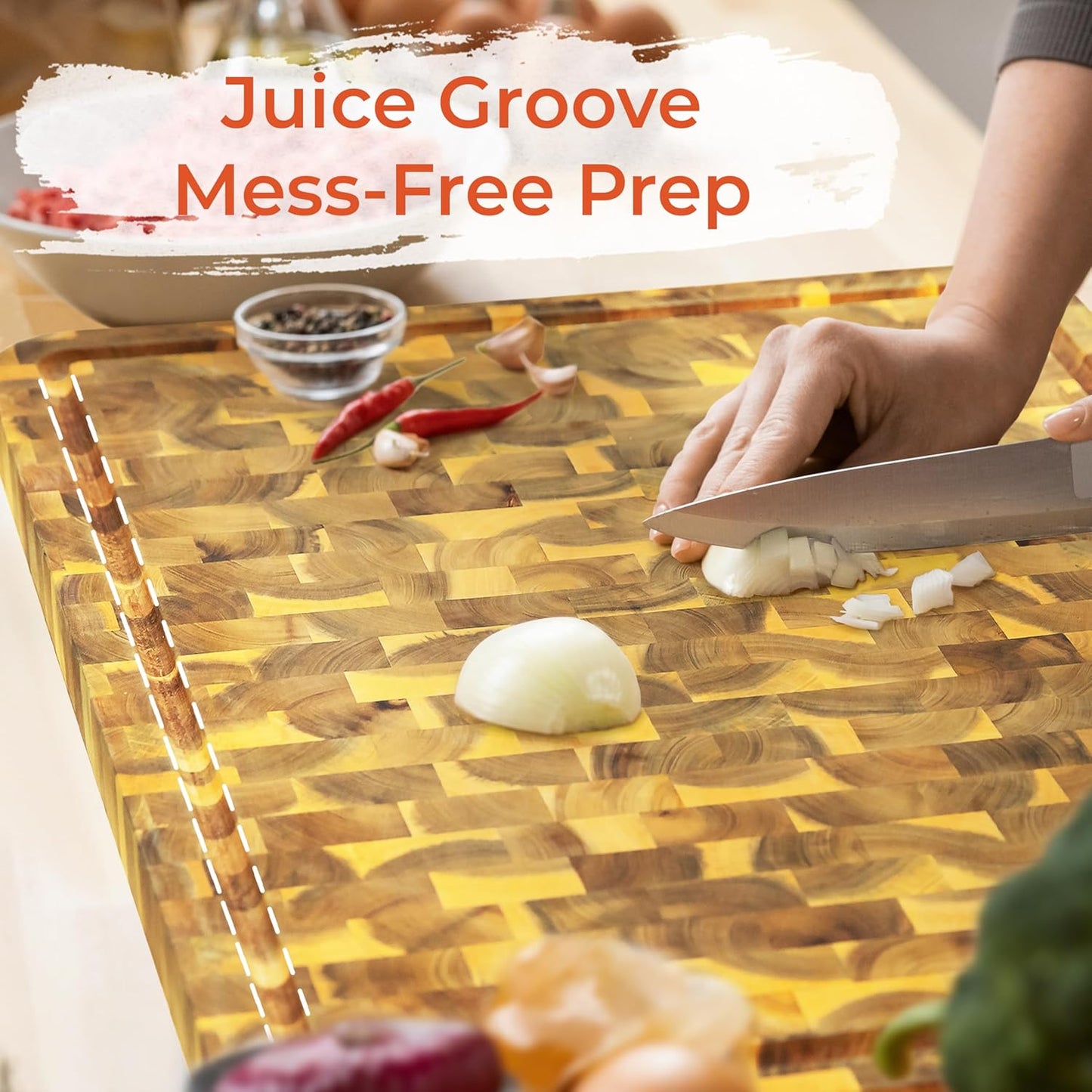 HOMESTEAD End Grain Acacia Wood Cutting Boards 24x18x1.5 – Butcher Block Chopping Board with Sorting Compartment, Juice Grooves & Handles – Non-Toxic Kitchen Board for Food Prep, Home Decor