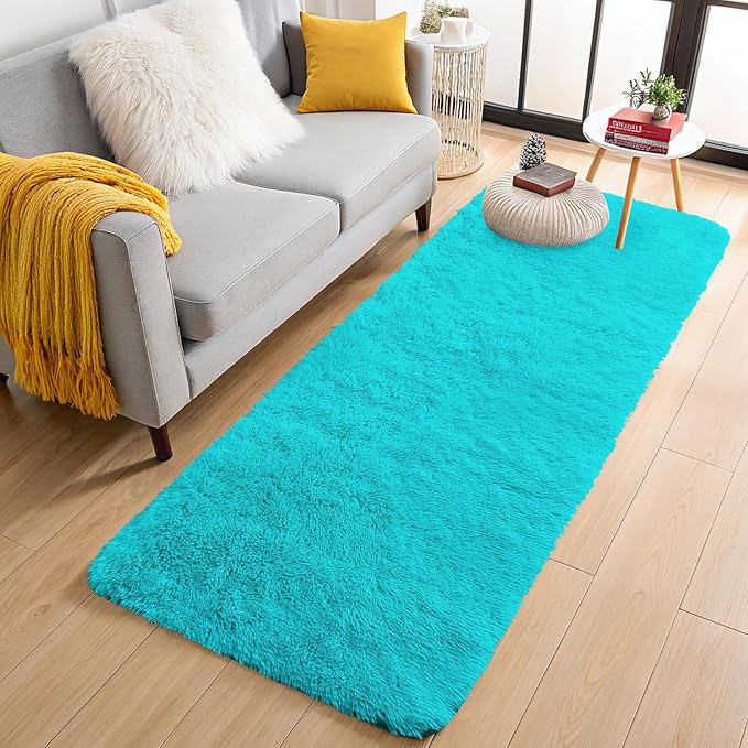 OLANLY 2x8 Machine Washable Runner Rugs for Hallway, Soft Fluffy Shaggy Bedside Rugs for Bedroom, Living Room, Indoor Floor Carpet for Kids Girls Boys, Nursery Rooms, Home Decor Aesthetic, Teal Blue