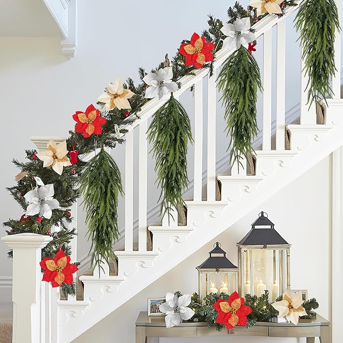 4 Pcs Extra Length Artificial Christmas Teardrop Swag, 30" Faux Pine Needles Teardrop Door Swag, Christmas Norfolk Greenery Teardrop Wreath for Xmas Door Table Mantle Fireplace Indoor Outdoor Decor