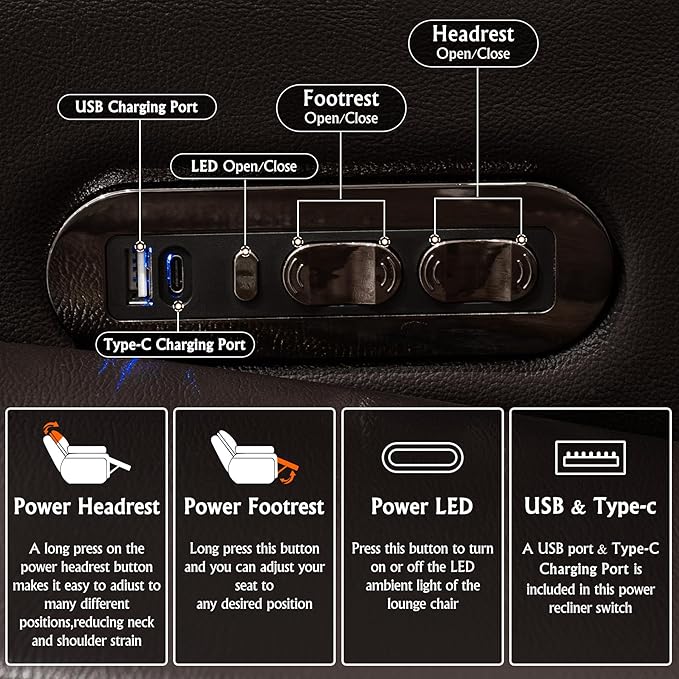 Home Theater Seating, Living Room, Powered Headrest, Powered Lumbar, Italian Leather, Powered Recline, Single Recliner (Coffee Color, Row of 2)