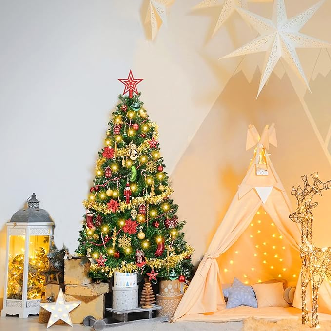 4ft Artificial Christmas Tree with Lights and Ornaments, Small Prelit Xmas Tree with Hanging Balls (8 Modes) for Home Holiday Decoration, Gold+Red+Green