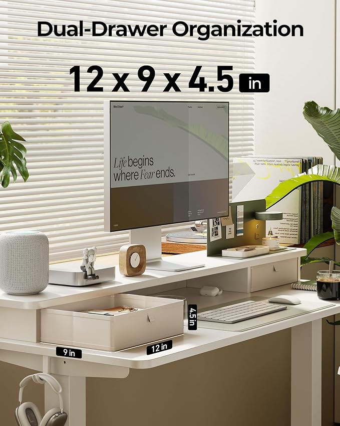 FEZIBO 60 x 24 Inch Height Adjustable Electric Standing Desk with Double Drawer, Sit Stand Desk, Home Office Stand Up Table with 4 Height-Adjustable Feets & 2 Hooks, White