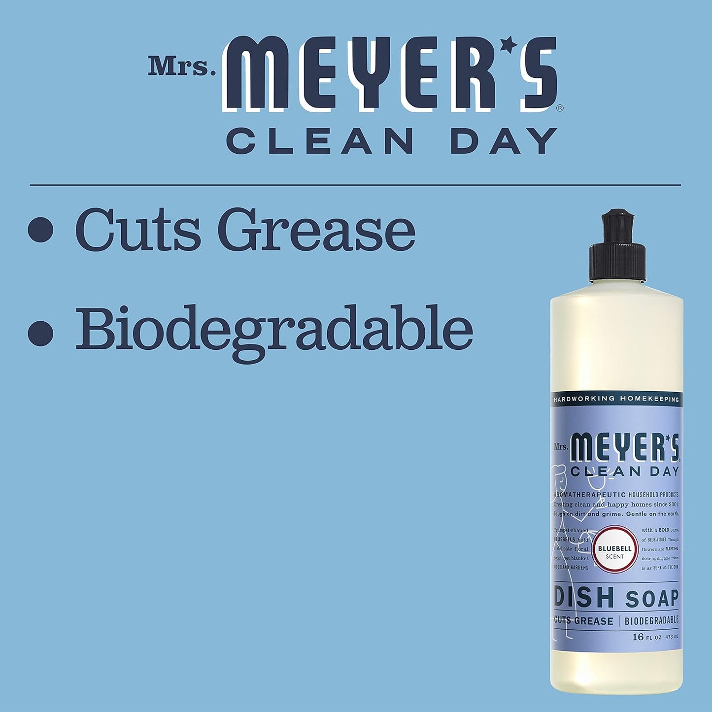 MRS. MEYER'S CLEAN DAY Liquid Dish Soap, Biodegradable Formula, Bluebell, 16 fl. oz - Pack of 3