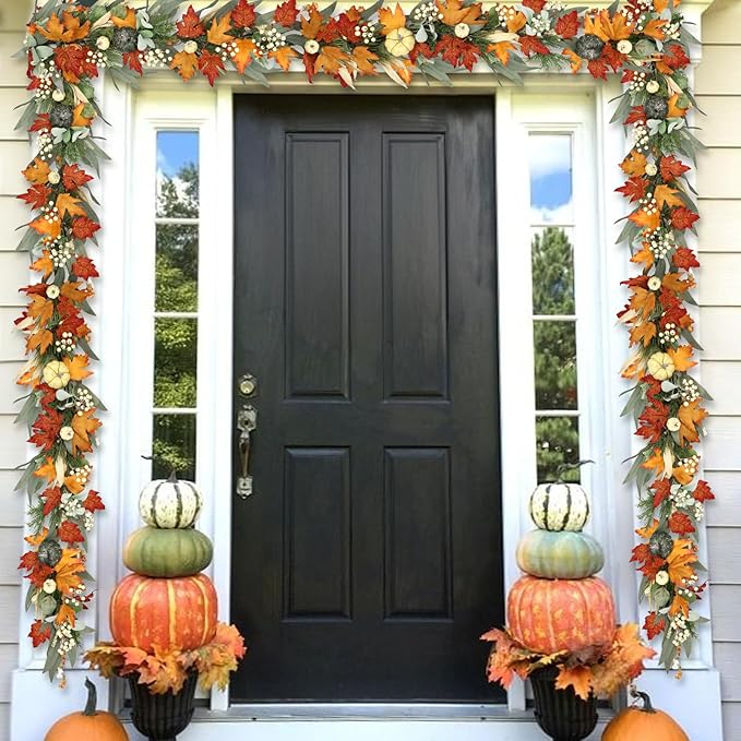Realistic Fall Garland for Mantle 6 Ft Fall Maple Leaves Garlands with Lights/Timer Pumpkin Garland for Thanksgiving Outdoor Indoor Table Fireplace Autumn Decor Fall Decorations for Home Porch
