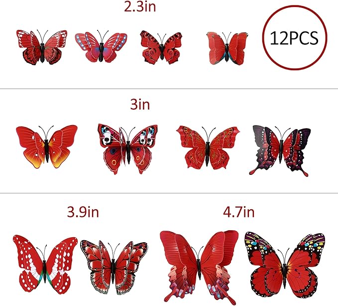 12PCS Butterfly Wall Decals Removable 3D Red Butterflies Sticker with Magnets for Home Bedroom Kids Room Decor (Double Layer-Red/12PCS)