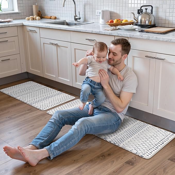 KIMODE Kitchen Mats 2PCS,Cushioned Anti Fatigue Boho Kitchen Rugs and Mats,Non Slip Waterproof Kitchen Mats for Floor,Comfort Foam Standing Desk Mat for Home,Office,Sink,Laundry,Blue and White