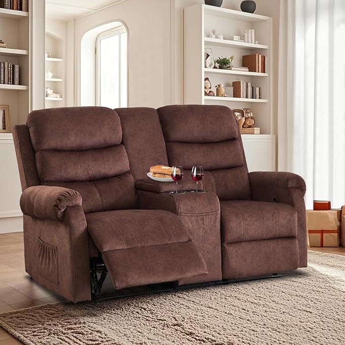Loveseat Reclining Sofa, Home Theater Seating with Center Console, RV Recliner Sofa with Cup Holders and Pockets, Manual Double Seater Recliner for Living Room, Motor Home (Flannel Brown)