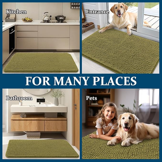 OLANLY Dog Door Mat for Muddy Paws 36x24, Absorbs Moisture and Dirt, Absorbent Non-Slip Washable Doormat, Quick Dry Chenille Mud Mat, Entry Indoor Entryway Carpet for Inside Floor, Willow Green