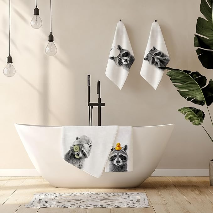 Towel Funny Raccoon Lover Gifts Bathroom Hand Towels Set of 4, Raccoon Bathroom Decor,Cute Kids Hand Towels, 16x24 Inch