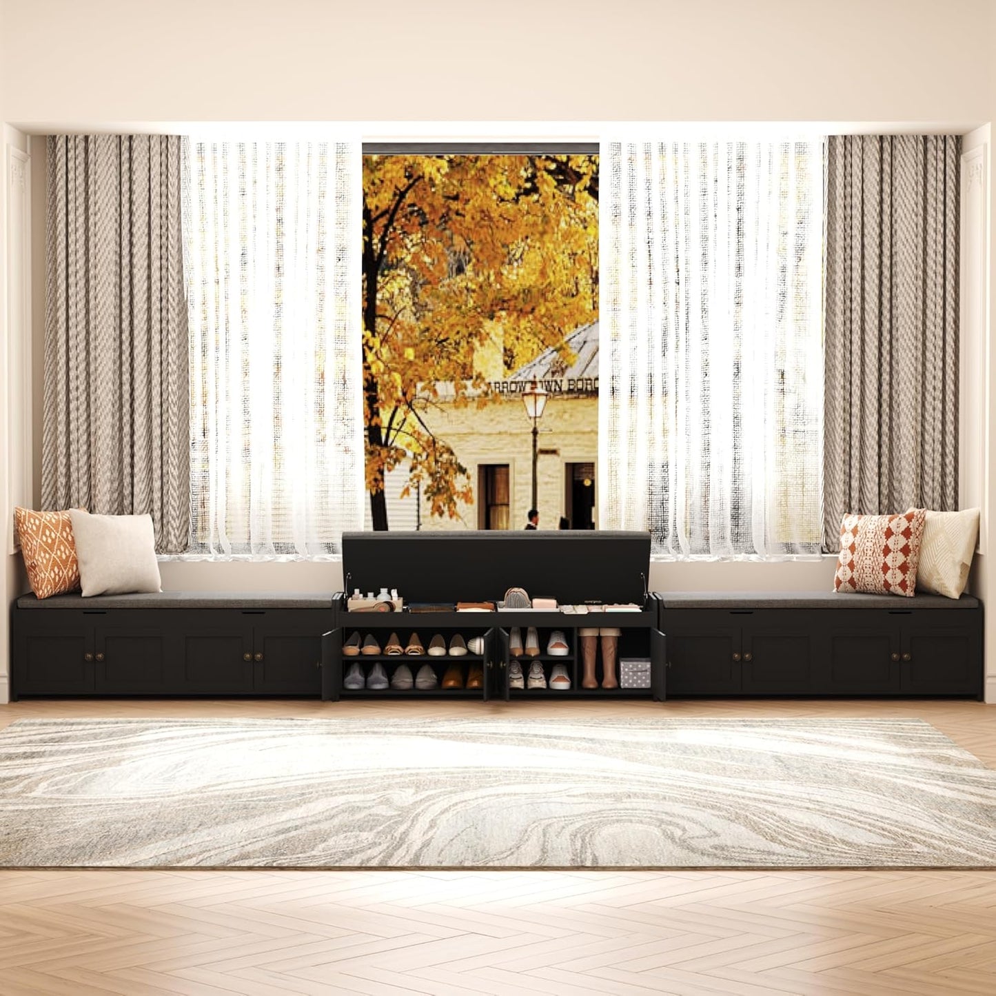 HOMEFORT 54.4" Shoe Bench with Lift Top Storage, Entryway Bench with Cushioned Seat, Wooden End of Bed Bench, Shoe Cabinet Bench with Hidden Storage Space, for Bedroom, Hallway,Black