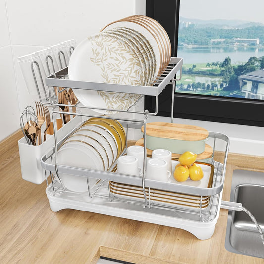 Dish Drying Rack for Kitchen Counter, 2-Tier 304 Stainless Steel Dish Rack with Adjustable Drainage Board, Removable Cup Holder, Utensil Holder, White