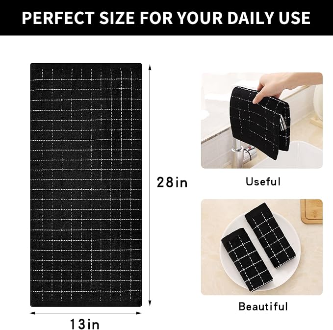 Homaxy 100% Cotton Terry Kitchen Towels(Black, 13 x 28 inches), Checkered Designed, Soft and Super Absorbent Dish Towels, 4 Pack