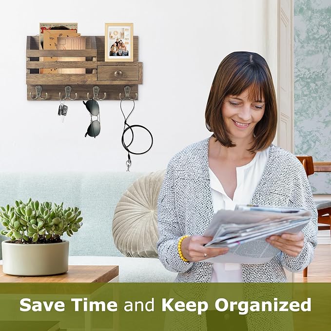 Key Holder Wall Mount, Wooden Adhesive Mail and Key Organizer with Drawer, Small Shelf, 8 Hooks, 2 Installation Methods, Brown