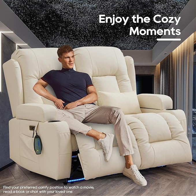 IPKIG 54" Power Loveseat Recliner Sofa, Electric Home Theater Seating with Massage Heat/4 Colors Ambient Lights/USB Port/Side Pocket/Cup Holder for Living Room, Bedroom, RV (Off-White, 2 Seater)
