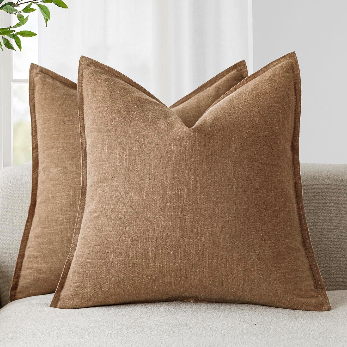 Foindtower Pack of 2, Decorative Linen Soild Throw Pillow Covers Soft Accent Cushion Case Boho Farmhouse Pillowcase for Chair Couch Sofa Bedroom Living Room Home Decor 24 x 24 Inch Light Khaki Brown