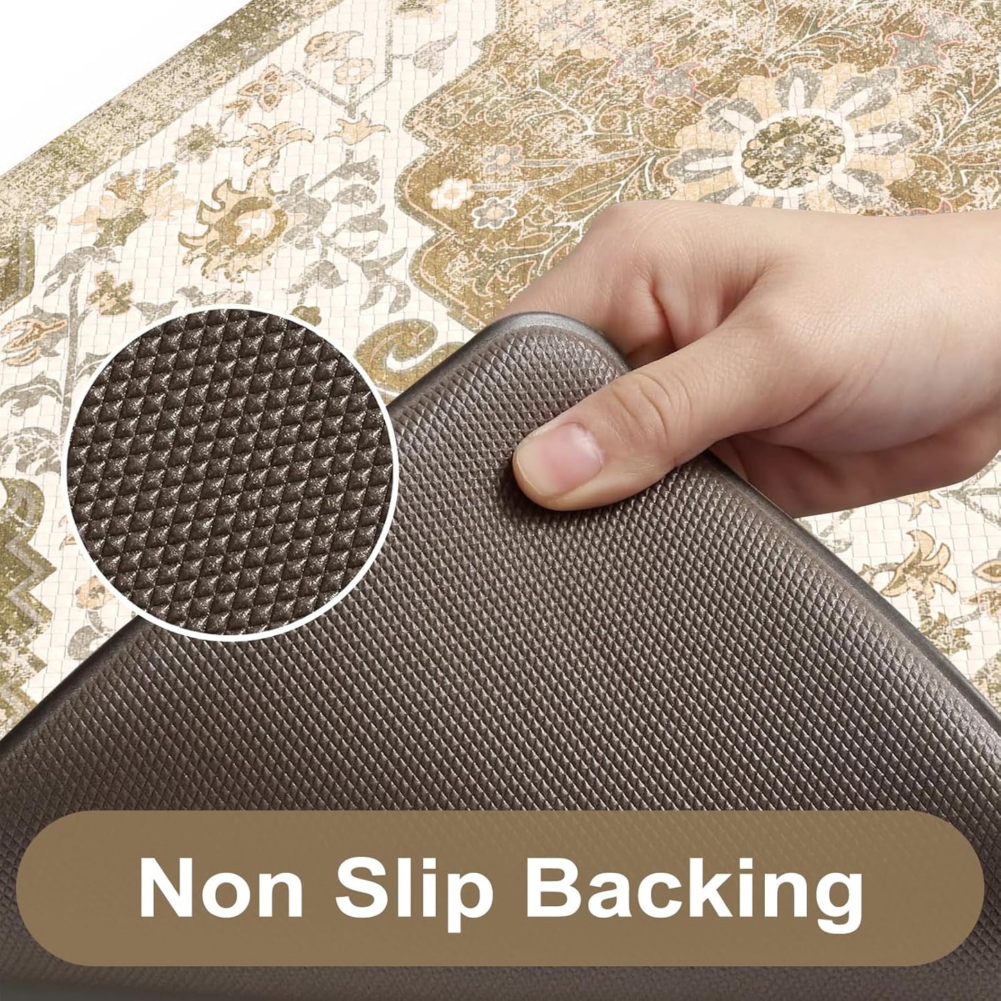 KIMODE Anti Fatigue Mats for Kitchen Floor 2 Piece, Boho Floral Kitchen Rugs Non Slip, Cushioned Kitchen Floor Mats, Comfort Standing Desk Mat for Sink, Laundry, Desk Khaki Multi 17"x47"+17"x29"