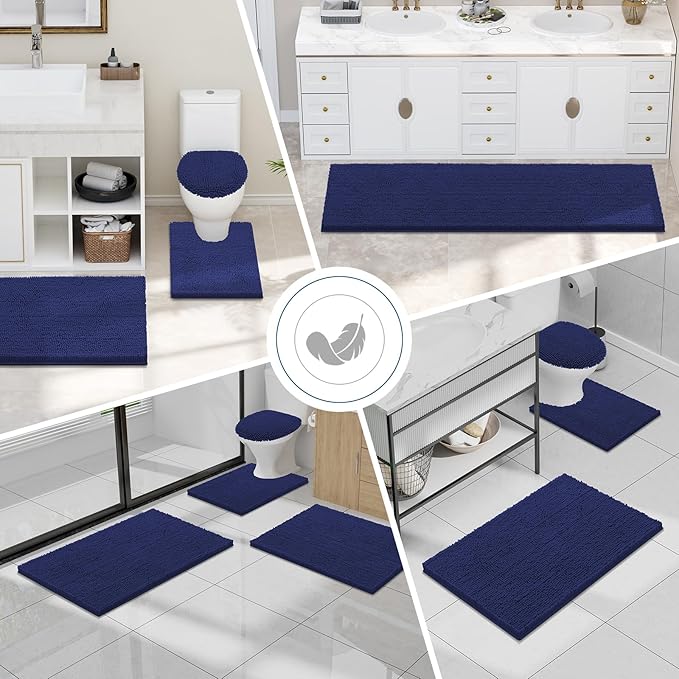 Smiry Luxury Chenille Bathroom Rugs 30x20, Extra Soft and Absorbent Shaggy Bath Mat, Machine Washable, Non-Slip Plush Carpet Runner for Tub, Shower, and Floor, Home Decor Accessories, Deep Blue