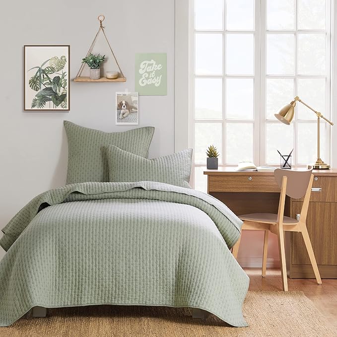 Levtex Home Cross Stitch Reversible Twin XL/Twin Quilt Set (68x86in) with 1 Pillow Sham (26x20in) - Stitch Texture - Desert Sage - Cotton Twin Size Quilt Bedding Set - Lightweight, Soft, Pre-Washed