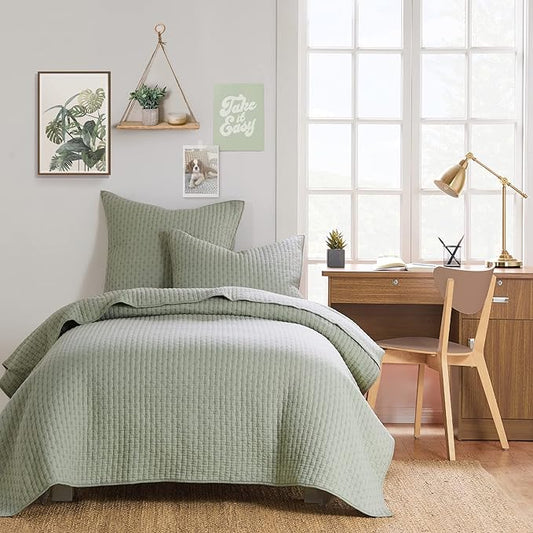 Levtex Home Cross Stitch Reversible Twin XL/Twin Quilt Set (68x86in) with 1 Pillow Sham (26x20in) - Stitch Texture - Desert Sage - Cotton Twin Size Quilt Bedding Set - Lightweight, Soft, Pre-Washed