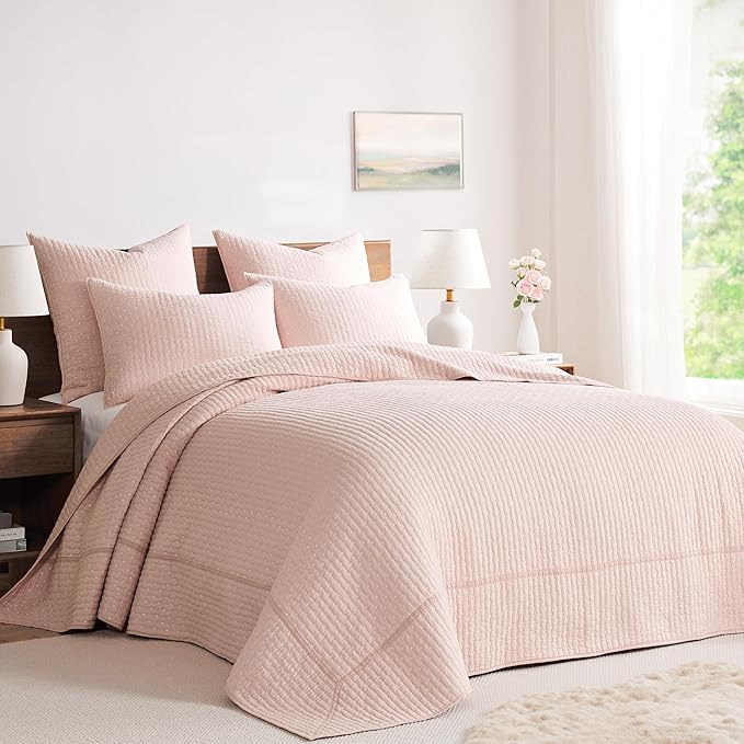 Levtex Home Cross Stitch Reversible Twin Bedspread Set (84x104in) with 1 Pillow Sham (26x20in) - Stitch Texture - Blush - Cotton Twin Size Bedspread Set - Lightweight, Soft, Pre-Washed