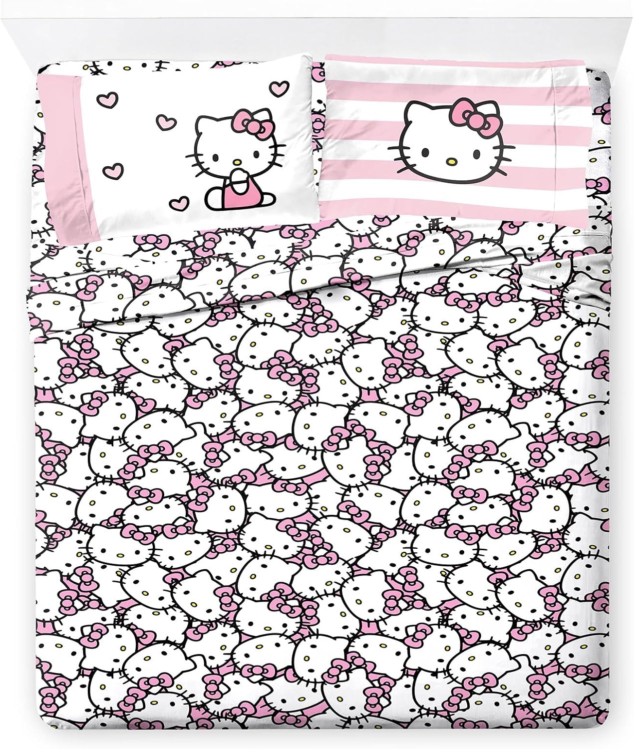 Jay Franco Sheet Set with Fitted, Flat Sheets & Pillow Cover - Ultra-Soft Bedding with Pillowcase for Room Decor, Multi - Hello Kitty, 4 Piece Queen