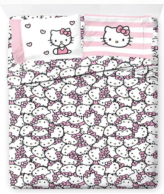 Jay Franco Sheet Set with Fitted, Flat Sheets & Pillow Cover - Ultra-Soft Bedding with Pillowcase for Room Decor, Multi - Hello Kitty, 4 Piece Queen