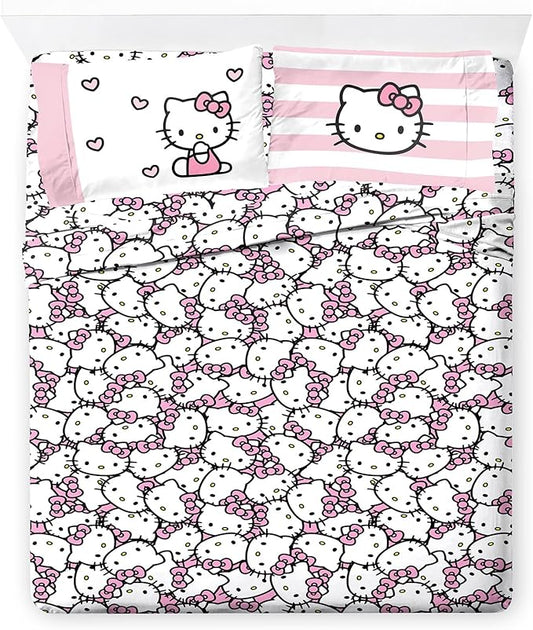 Jay Franco Sheet Set with Fitted, Flat Sheets & Pillow Cover - Ultra-Soft Bedding with Pillowcase for Room Decor, Multi - Hello Kitty, 4 Piece Queen