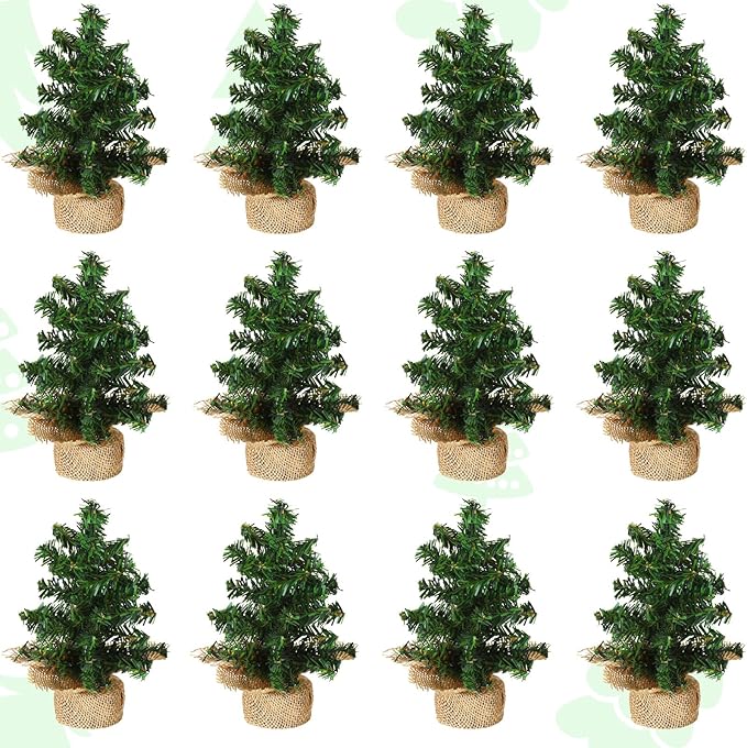 Yinder Tabletop 12 Pcs Mini Christmas Tree 5.91 Inches Artificial Mini Xmas Miniature Pine Christmas Tree with Linen Base for Xmas Holiday Decorations Indoor Home Kitchen Dining Table