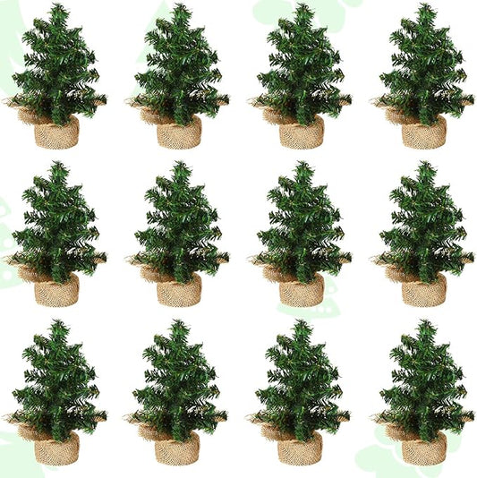 Yinder Tabletop 12 Pcs Mini Christmas Tree 5.91 Inches Artificial Mini Xmas Miniature Pine Christmas Tree with Linen Base for Xmas Holiday Decorations Indoor Home Kitchen Dining Table