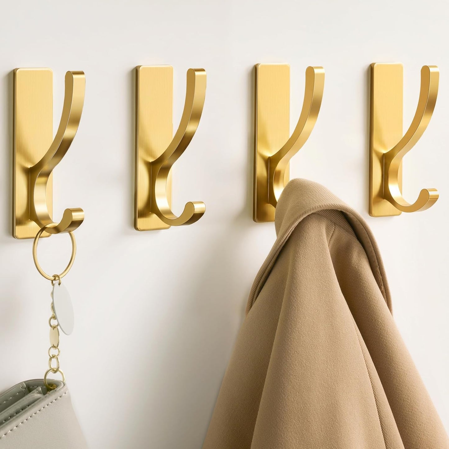 Adhesive Wall Hooks for Towels Coats - Stick On Hooks Hanging Heavy Duty (13lb), Metal Hook for Door, Bathroom, Dorm, Closet - Hanger for Purse, Bag, Robe,Backpack - No Damage to Wall - Gold 4 Pack