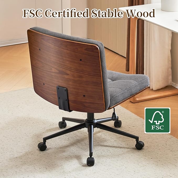 Furnimart Wide Swivel Criss Cross Legged Chair with Wheels, FSC Certified Wooden Desk Chair with Mid-Back Support, Comfy Armless Height Adjustable Vanity Chair for Desk, Bedroom (Linen Gray)