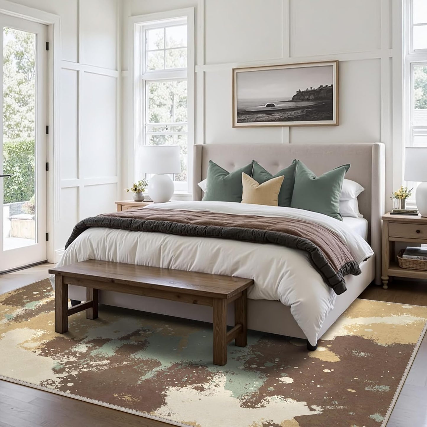 Area Rugs 8x10 for Living Room Bedroom, Modern Splash Abstract Machine Washable Rug, Large Soft Low Pile Floor Cover with Non Slip Backing for Dining Room, Green/Brown