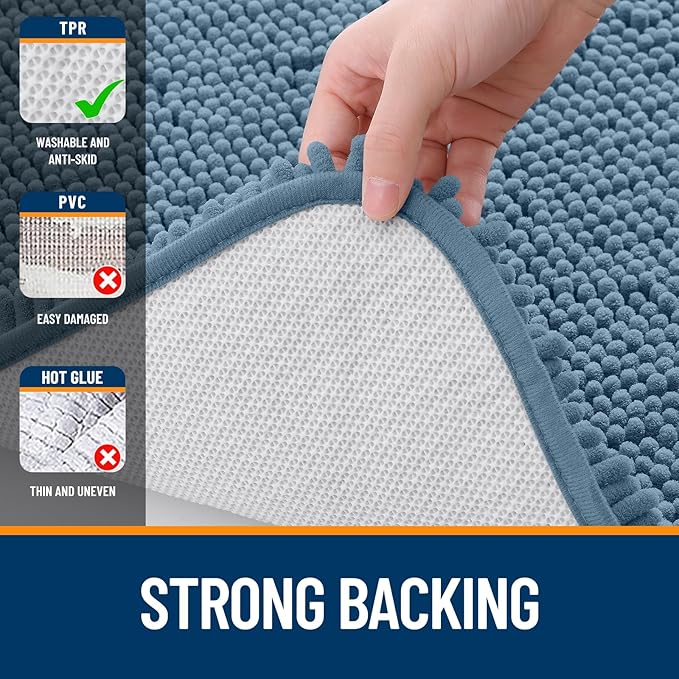 OLANLY Bathroom Rugs 47x17, Extra Soft Absorbent Chenille Bath Rugs, Rubber Backing Quick Dry, Machine Washable Bath Mats for Bathroom Floor, Tub and Shower, Home Decor Accessories, Airy Blue