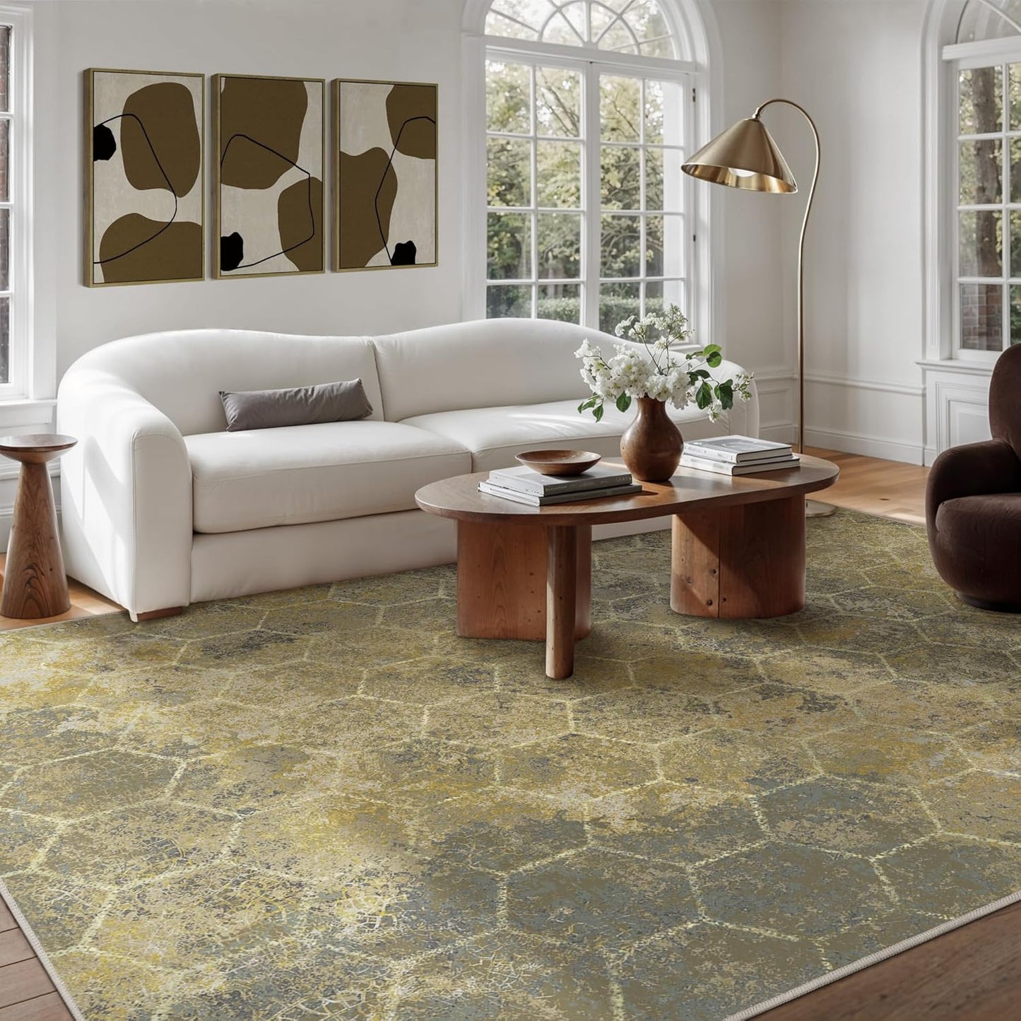 Area Rugs 8x10 for Living Room Bedroom, Modern Abstract Honeycomb Geometric Design, Machine Washable Rug, Large Soft Low Pile Floor Cover with Non Slip Backing for Dining Room, Golden Mist